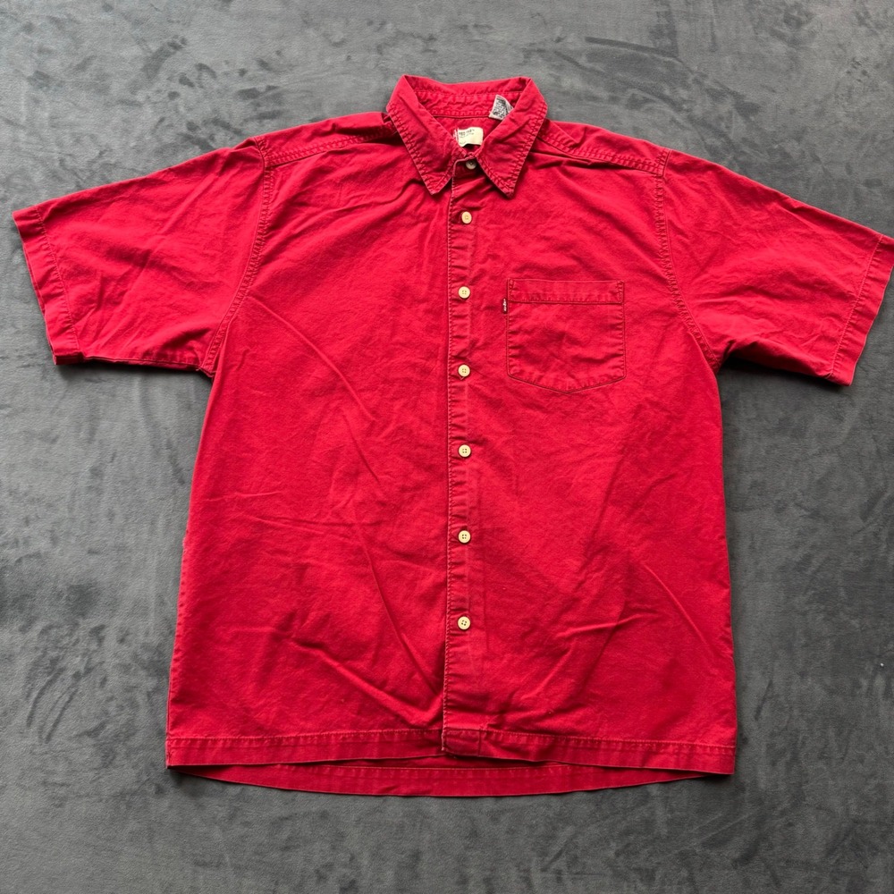 Levis Red Tab Mens Medium Red Short Sleeve Cotton Button Down Shirt Pocket
